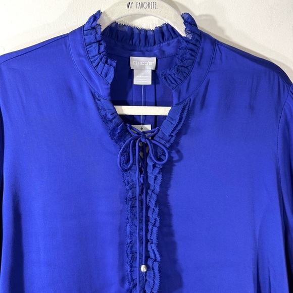 NWT Chicos Ruffle Tie Neck Pullover Blouse Royal Blue Sz  12~14 small flaw - Picture 2 of 11